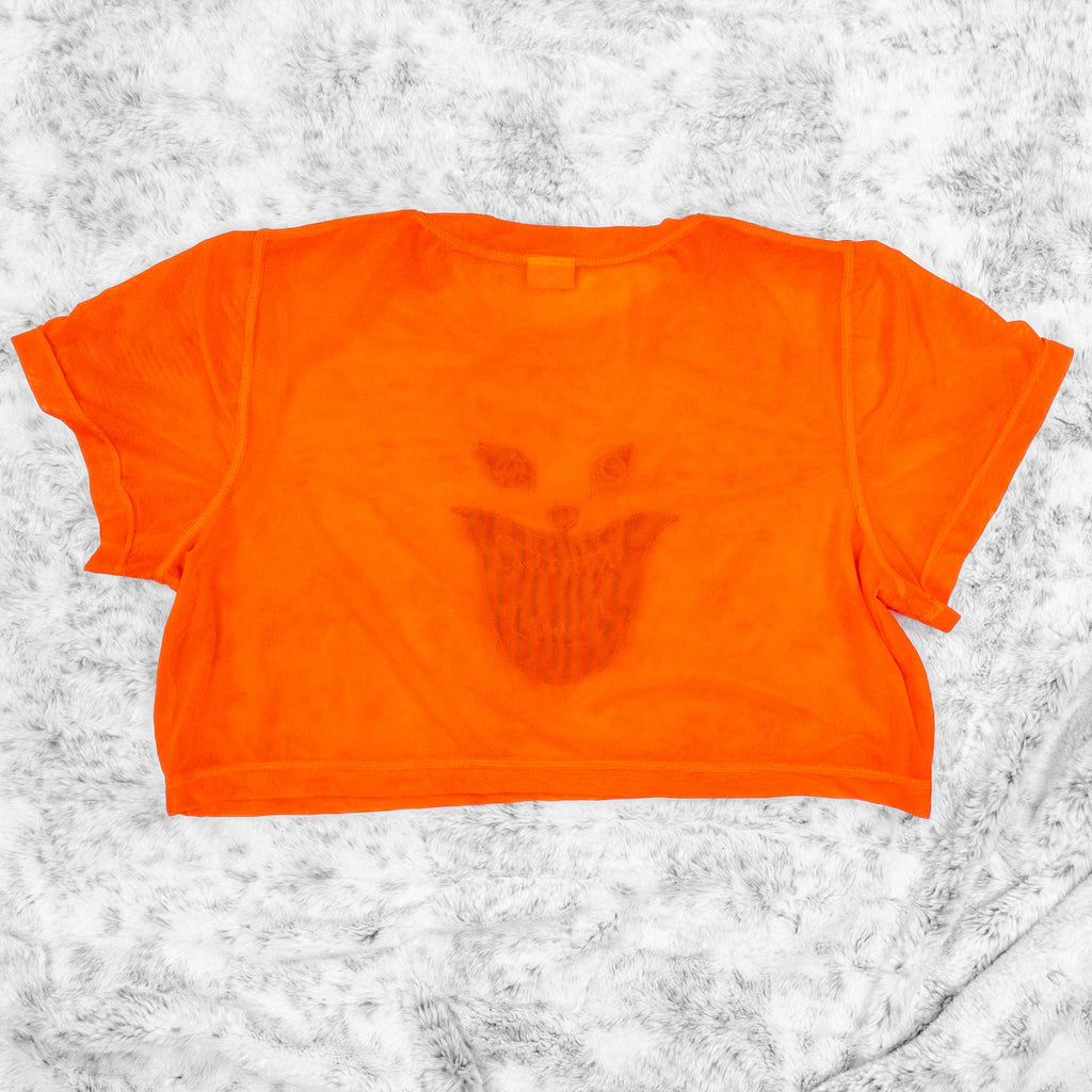 A flat lay image showcasing the back of a bright orange stretch mesh crop top tee shirt with short sleeves a round neckline. The background is neutral, highlighting the top's details and textures.