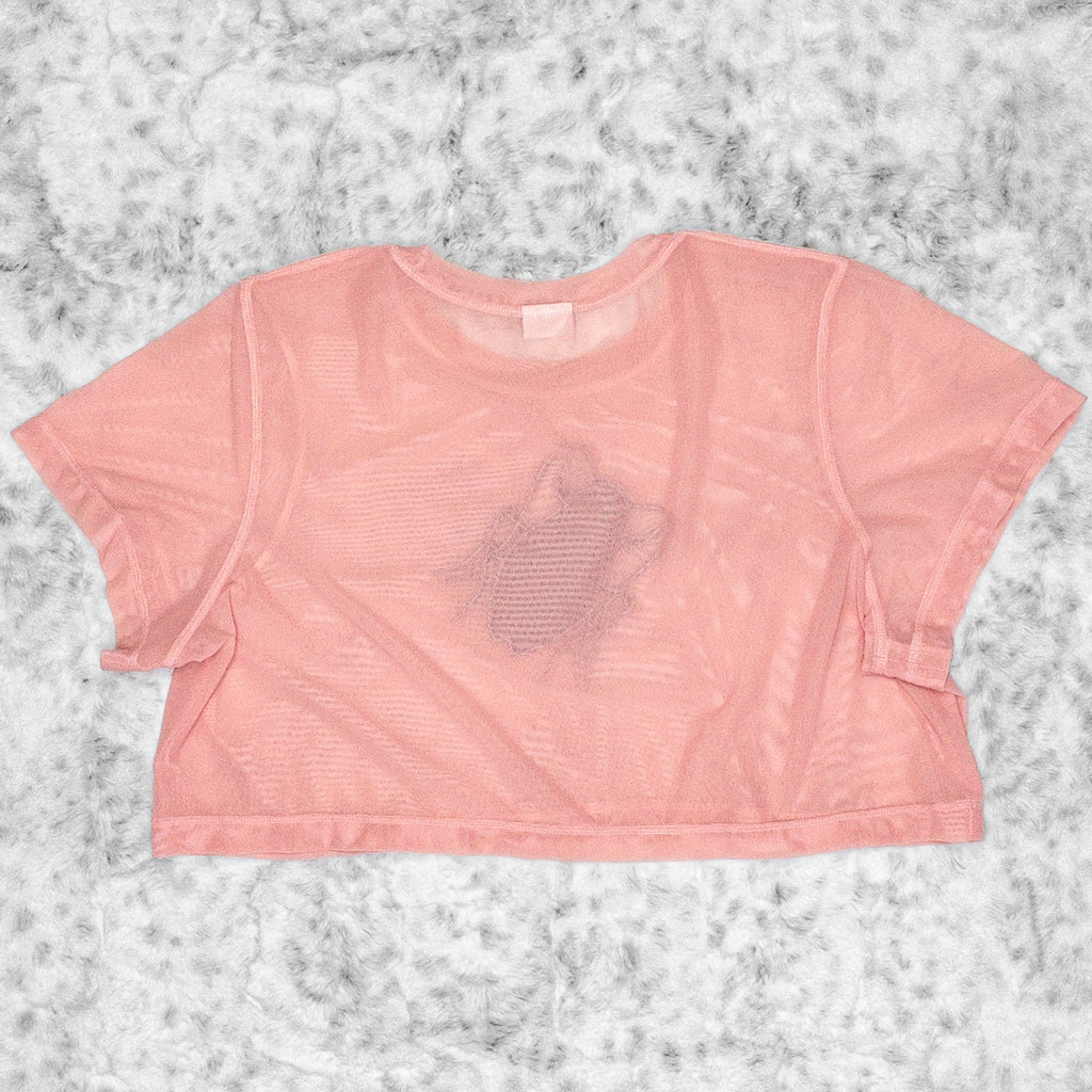 A flat lay image showcasing the back of a blush pink stretch mesh crop top tee shirt with short sleeves a round neckline. The background is neutral, highlighting the top's details and textures.