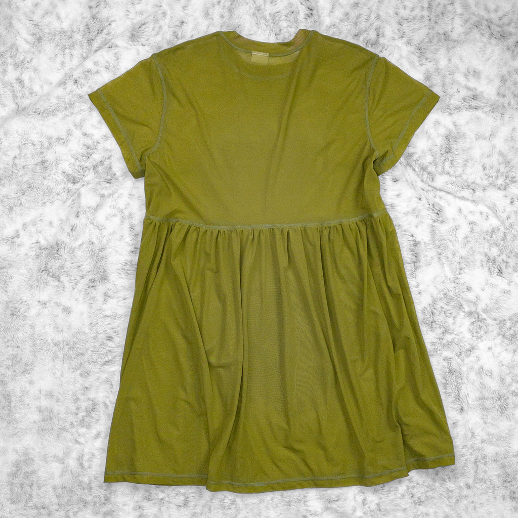 A flat lay image showcasing the back of a avocado green stretch mesh babydoll dress with short sleeves. The dress features soft, luxurious fabric in rich colors. The background is neutral, highlighting the dress's details and textures.